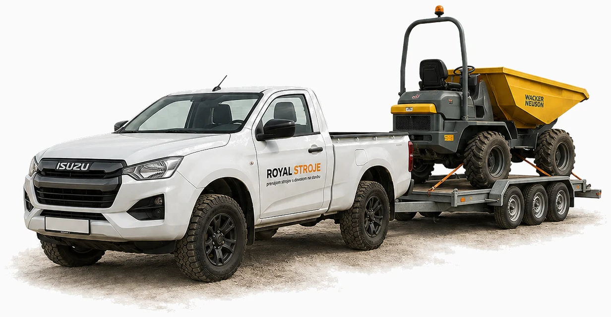 ISUZU s prívesom a strojom – dovoz techniky na stavbu